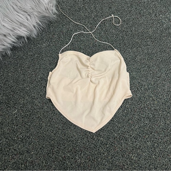 PRETTYLITTLETHING Nude Beige Front Ruched Ribbed Halter-neck Cropped Top Shirt S - Picture 10 of 16